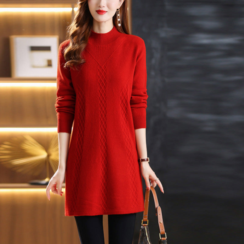 Youthful High Neck Thickened Woolen Dress - Belly-Covering Style