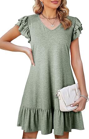 Women's V-Neck Ruffled Loose-Fit Waist Short Sleeve Dress