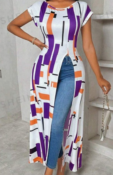 Women's Summer High-Slit Maxi T-Shirt Dress – Casual Geometric Print Style