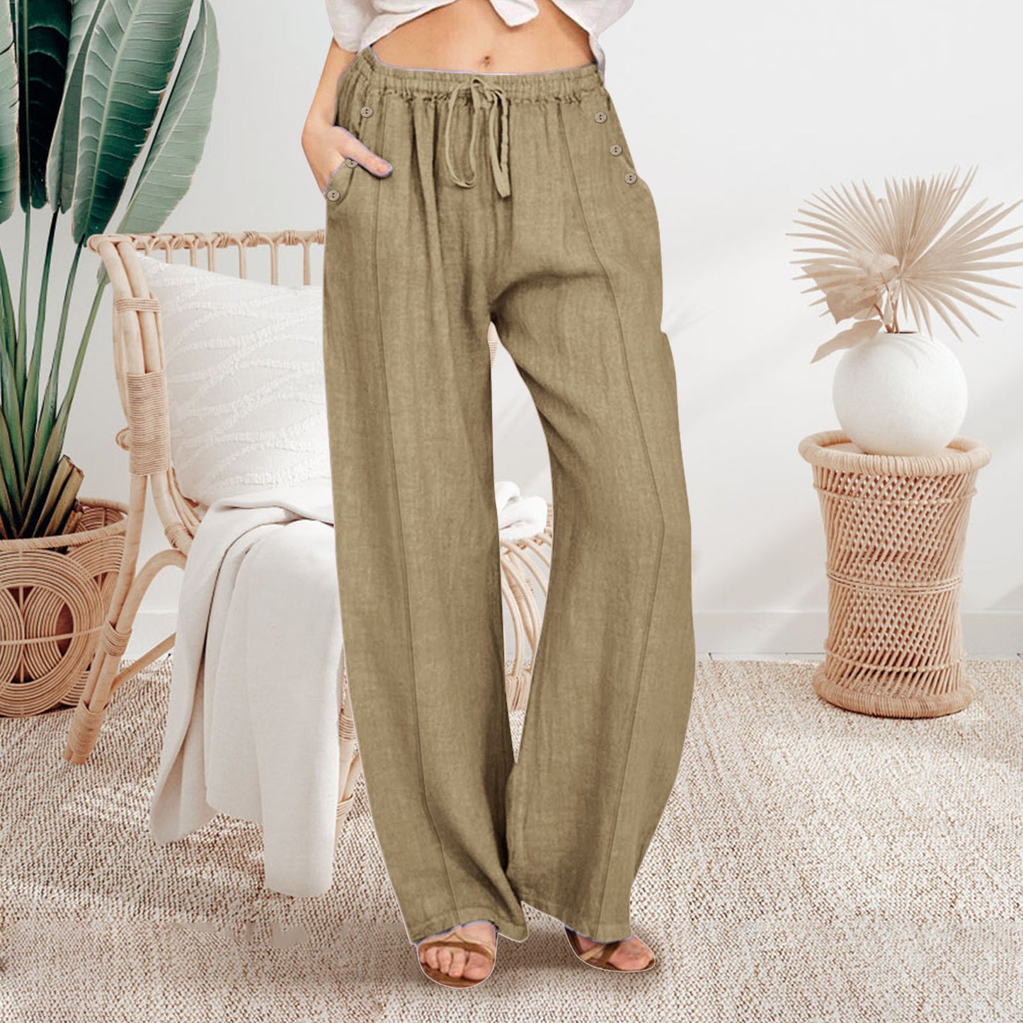 Women's Loose Button-Up Casual Wide-Leg Trousers