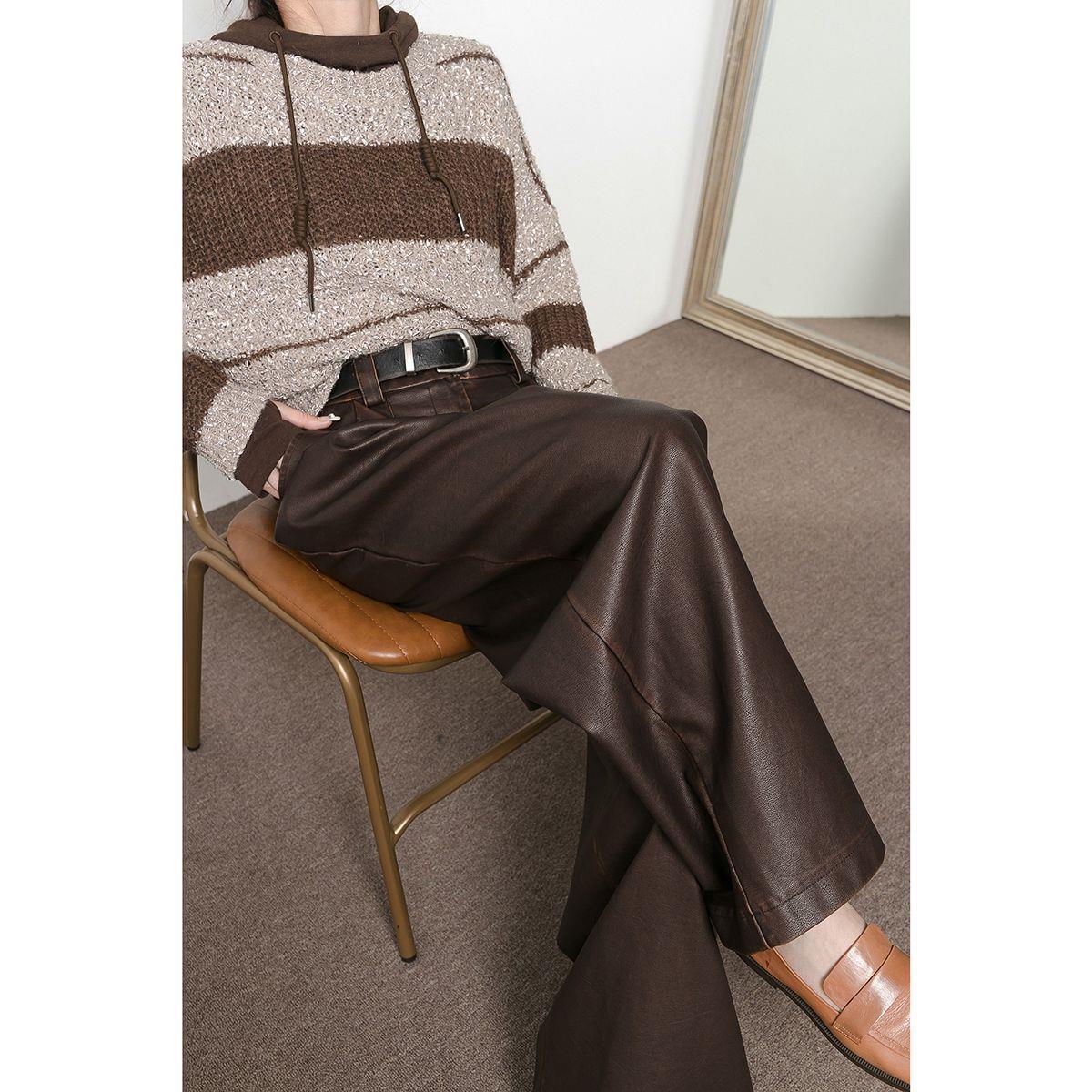 Vintage Brown Pleated PU Leather Pants for Women