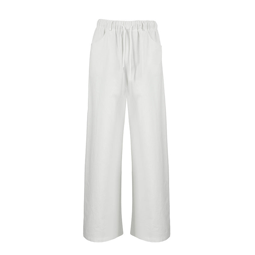 White Pure Cotton Mid-Waist Tied Wide-Leg Pants