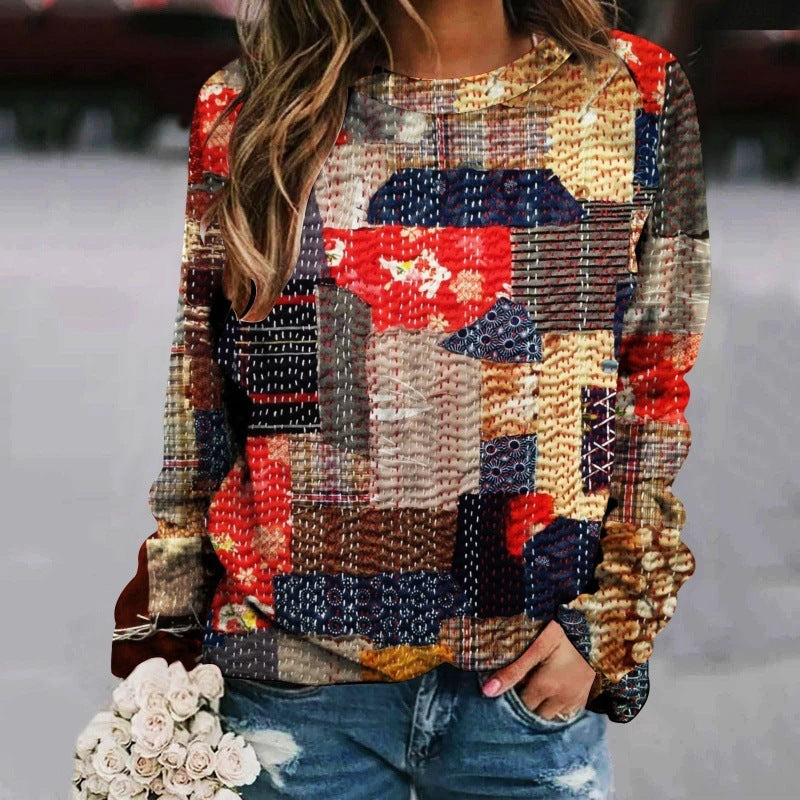 Creative Sweater with Printed Patchwork, Round Neck, and Raglan Long Sleeves