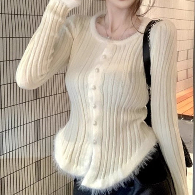 Women's Square Collar Knitted Cardigan with Contrast Stitching – Autumn and Winter Coat