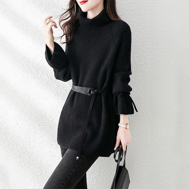 Chic High Collar Lace-up Loose Mid-length Slimming Sweater for Women