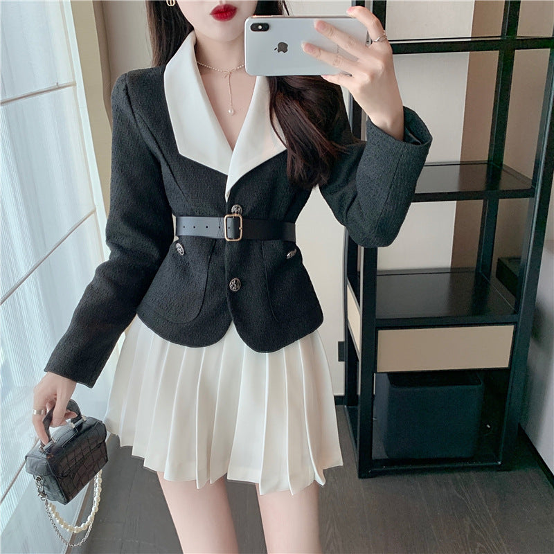 Two-piece High-waist Pleated Skirt Two-piece Short Jacket With Belt And Waist