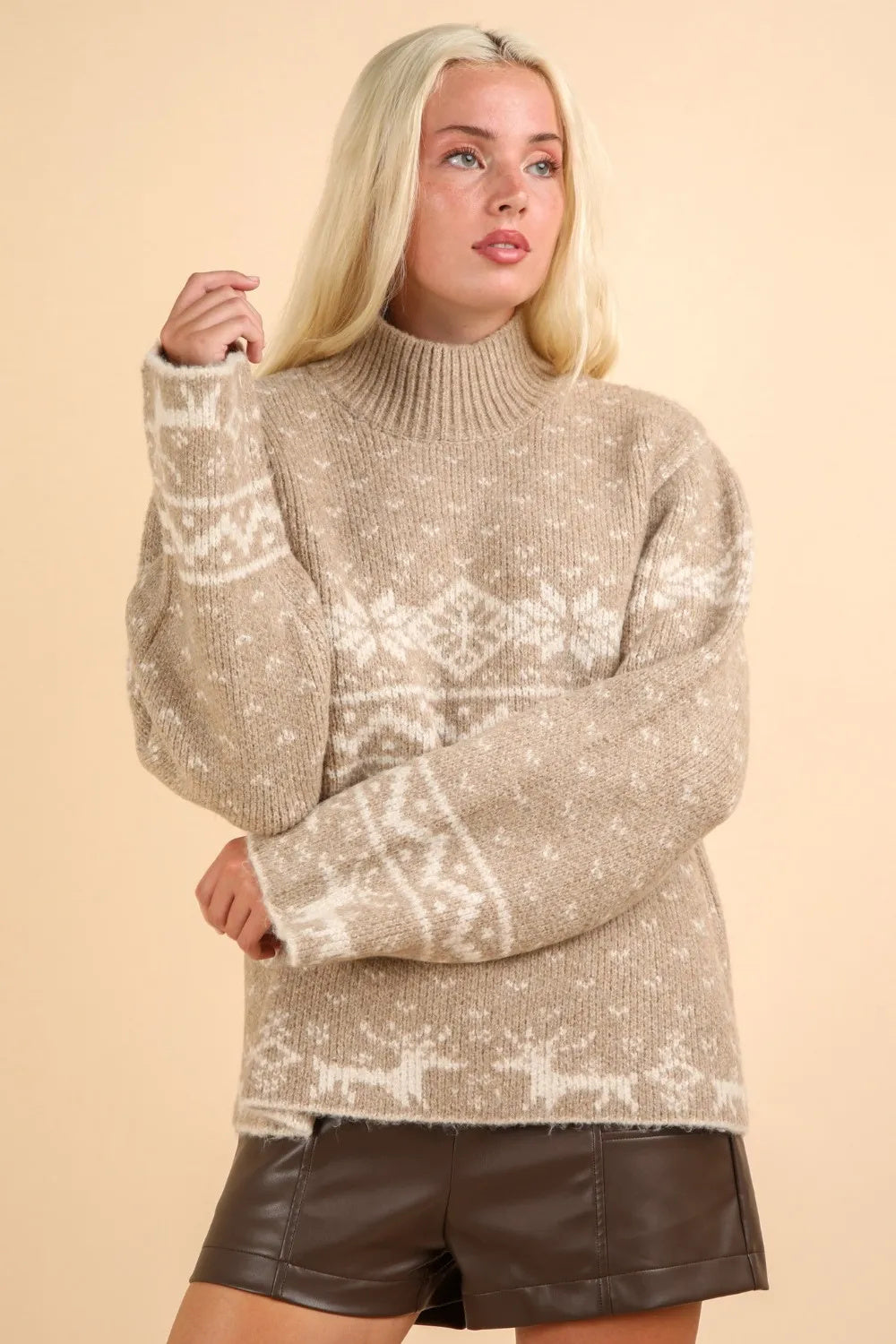 Christmas-Themed Mock Neck Long Sleeve Sweater