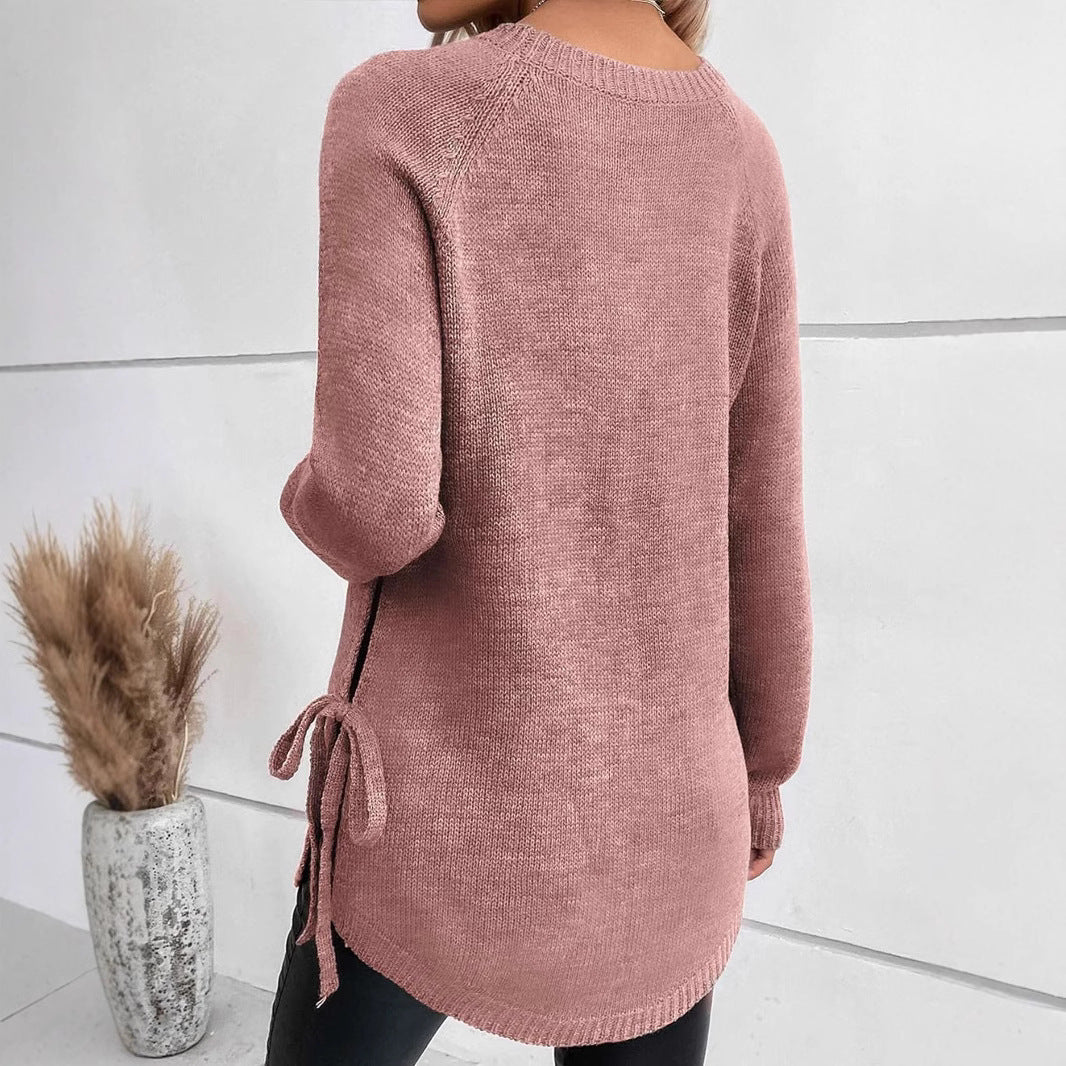 Elegant Round Neck Side Lace-Up Long Sleeve Pullover Sweater