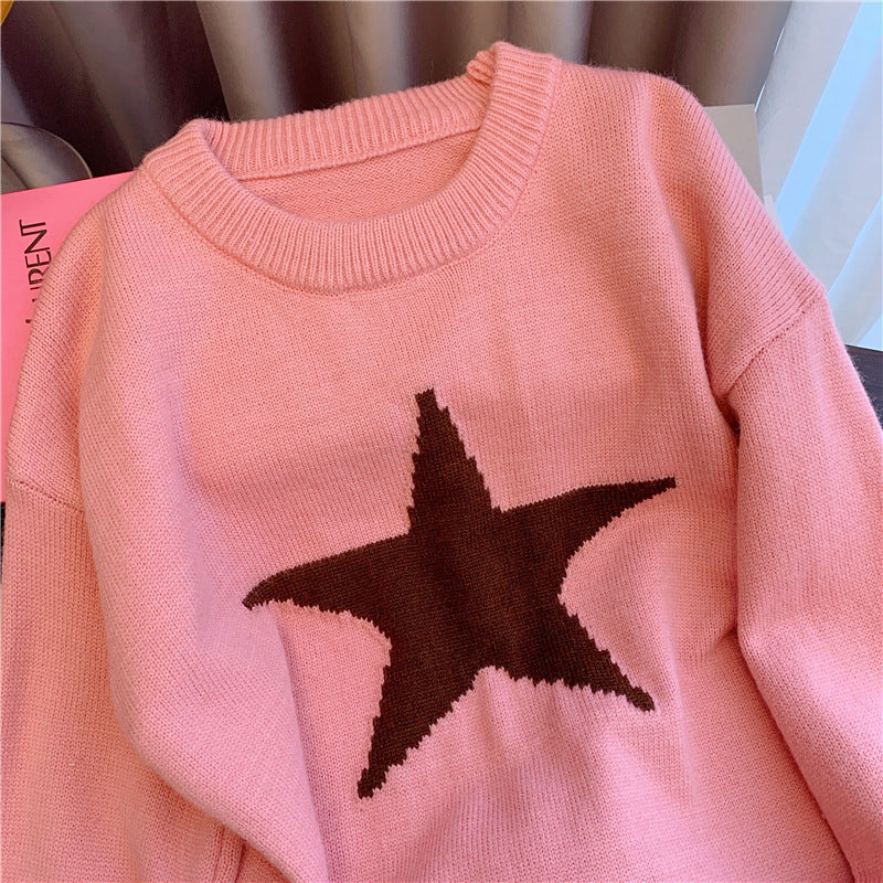 Idle Style Crew Neck Pullover Sweater with Five-Pointed Star Design