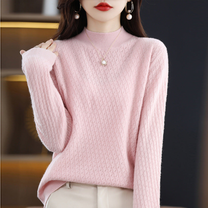 Pure Wool Women's Half-Turtleneck Knitted Sweater - Bottoming Shirt Style