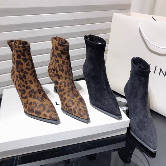 Leopard Print Pointed Toe Stiletto Heel Ankle Boots for Women