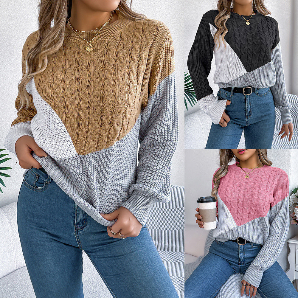 Women's Contrast Color Twist Long Sleeve Pullover Sweater