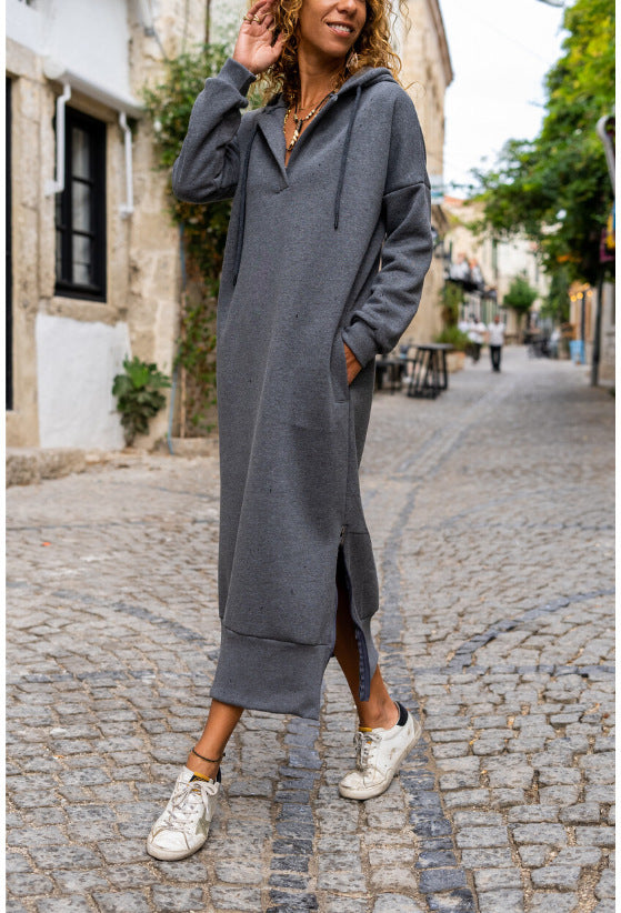 Oversized Loose Knit Hooded Dress, Fleece-Lined Casual Fashion