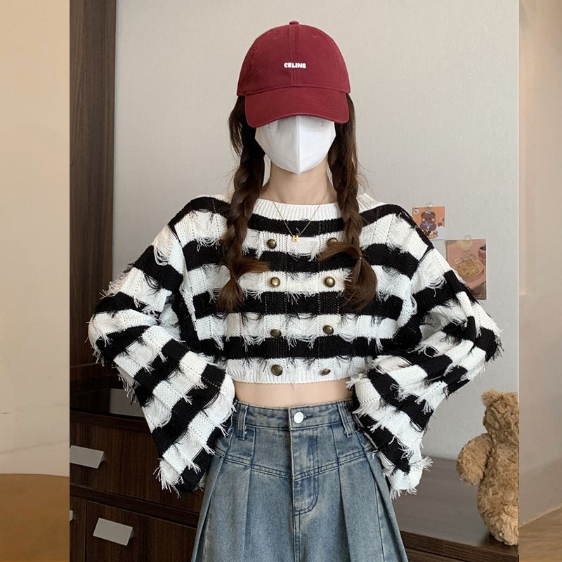 Striped French-Inspired Long Sleeve Short Top with Tassel Design